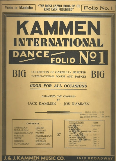 Kammen International Dance Folio 1 - 56 Selected International Songs and Dances - arr. Jack & Jos. Kammen - Violin Solo or Mandolin (OUT OF PRINT)