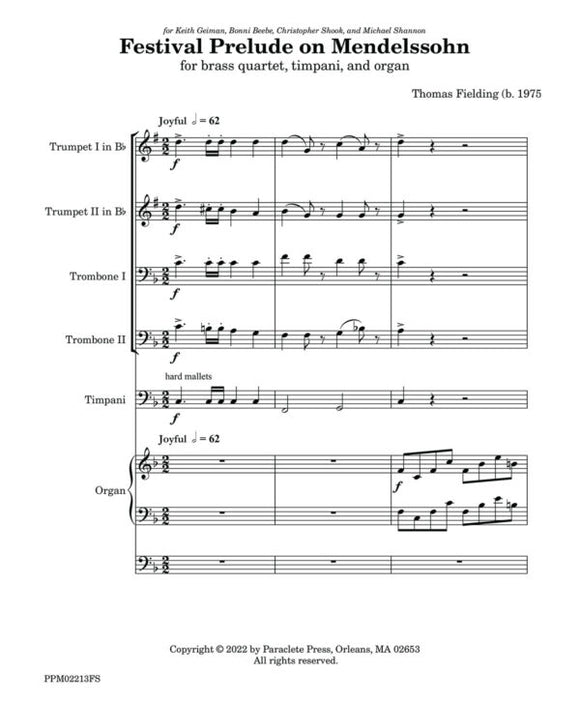 Festival Prelude on Mendelssohn for Brass Quartet, Timpani & Organ – Full Score & Parts - Thomas Fielding