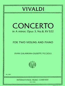 Vivaldi, Antonio - Concerto in A minor, Opus 3/8 RV 522 ed. Ivan Galamian & Guiseppe Piccioli - Violin Ensemble Duet: Two (2) Violins & Piano - Score & Parts