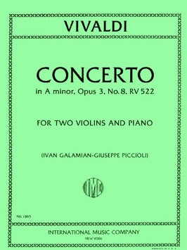 Vivaldi, Antonio - Concerto in A minor, Opus 3/8 RV 522 ed. Ivan Galamian & Guiseppe Piccioli - Violin Ensemble Duet: Two (2) Violins & Piano - Score & Parts