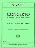 Vivaldi, Antonio - Concerto in A minor, Opus 3/8 RV 522 ed. Ivan Galamian & Guiseppe Piccioli - Violin Ensemble Duet: Two (2) Violins & Piano - Score & Parts